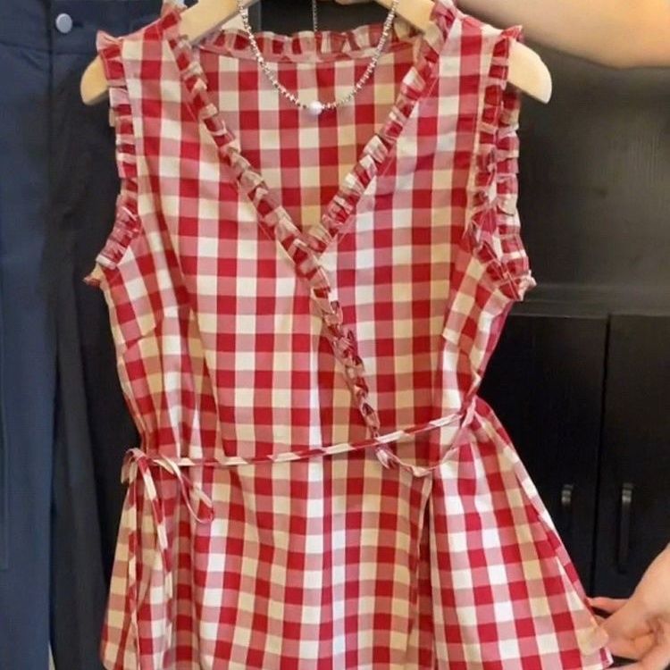 Retro Red Plaid Sleeveless Ves - Corset Waist Cinch recensie en prijs